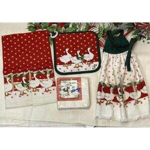 Christmas Geese Goose Linen Tea Towel, Hot Pad, Napkins & Towel 3+ Pc VTG NEW